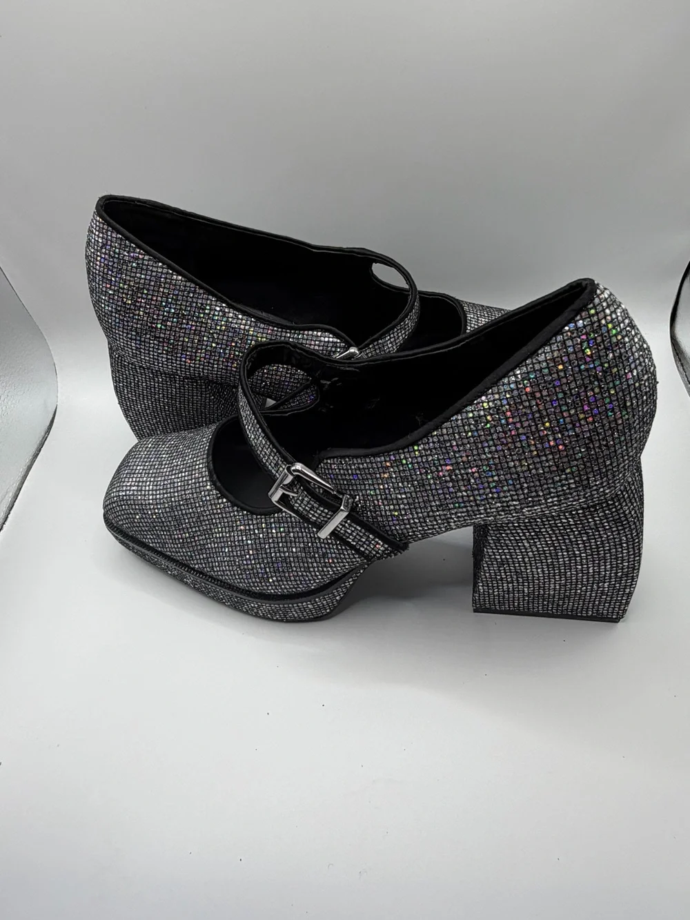 Gianni Bini Silver “Aurora” Disco-Style Glitter Mary Jane Platform Heels